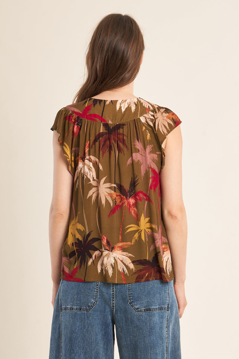 MB Khaki Moana Pattern Flutter Sleeve Top