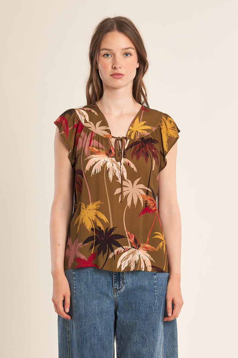 MB Khaki Moana Pattern Flutter Sleeve Top