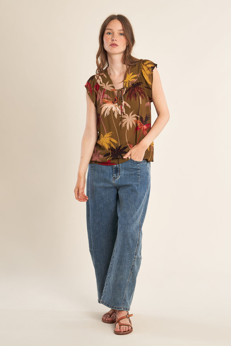MB Khaki Moana Pattern Flutter Sleeve Top