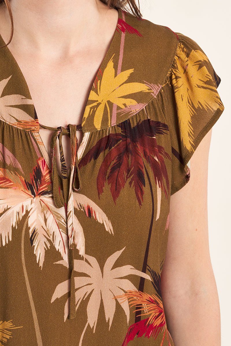 MB Khaki Moana Pattern Flutter Sleeve Top