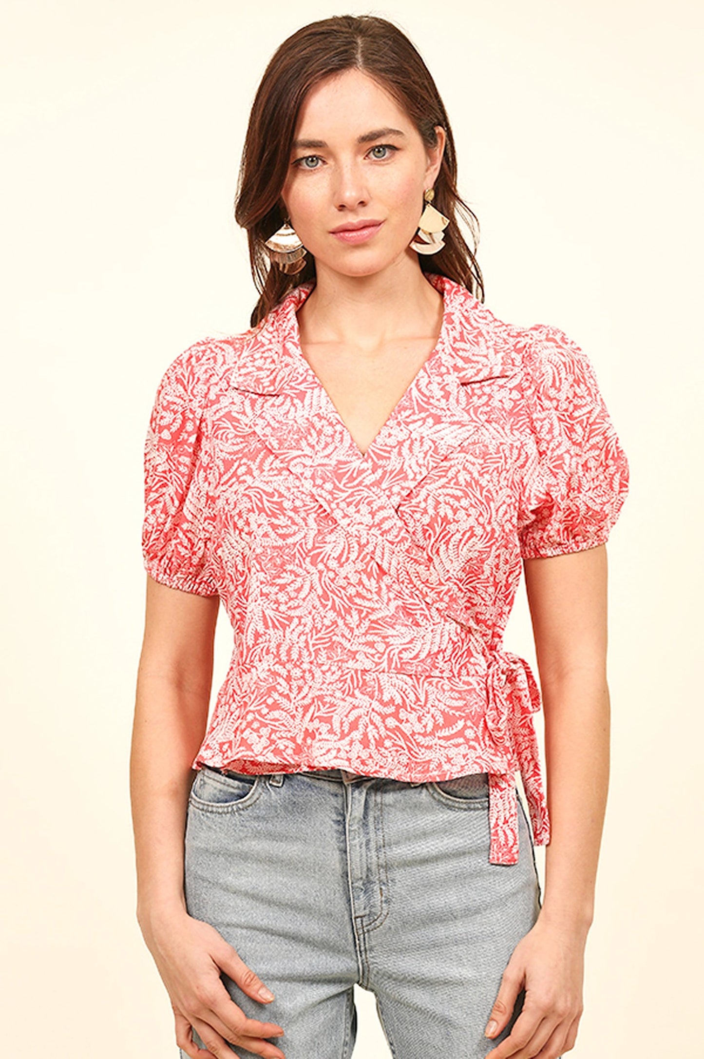 Collared Leaf Wrap Blouse