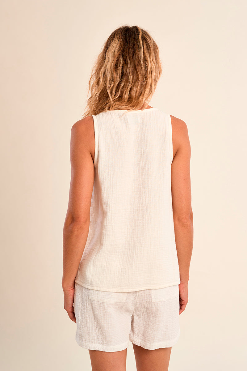 MB Woven Sleeveless Top with Blue Embroidery Details