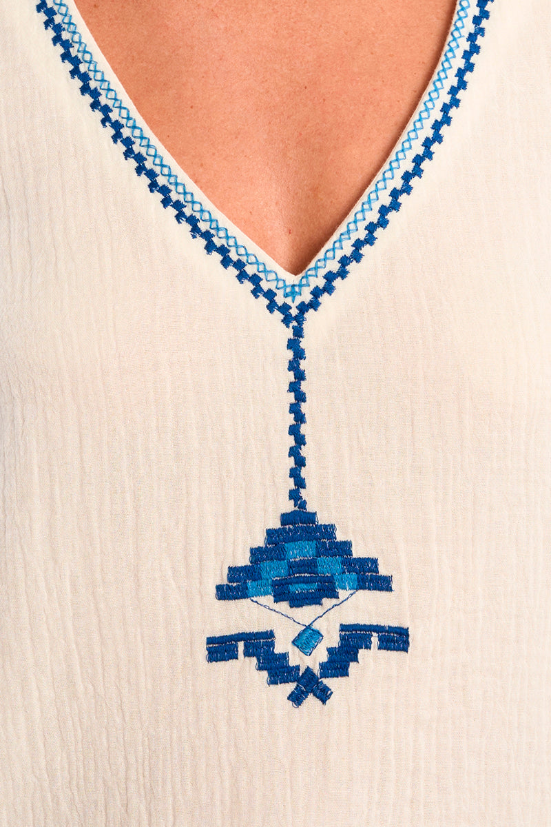 MB Woven Sleeveless Top with Blue Embroidery Details