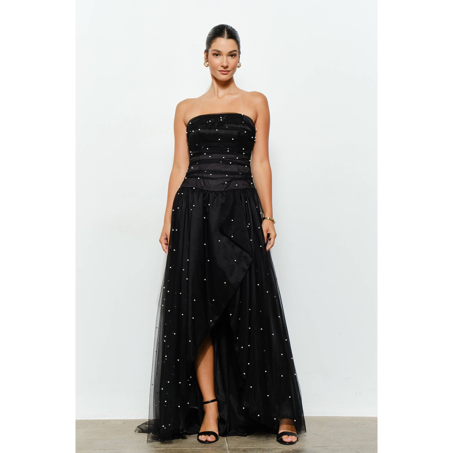 Pearl-Embellished Layered Tulle Maxi Dress