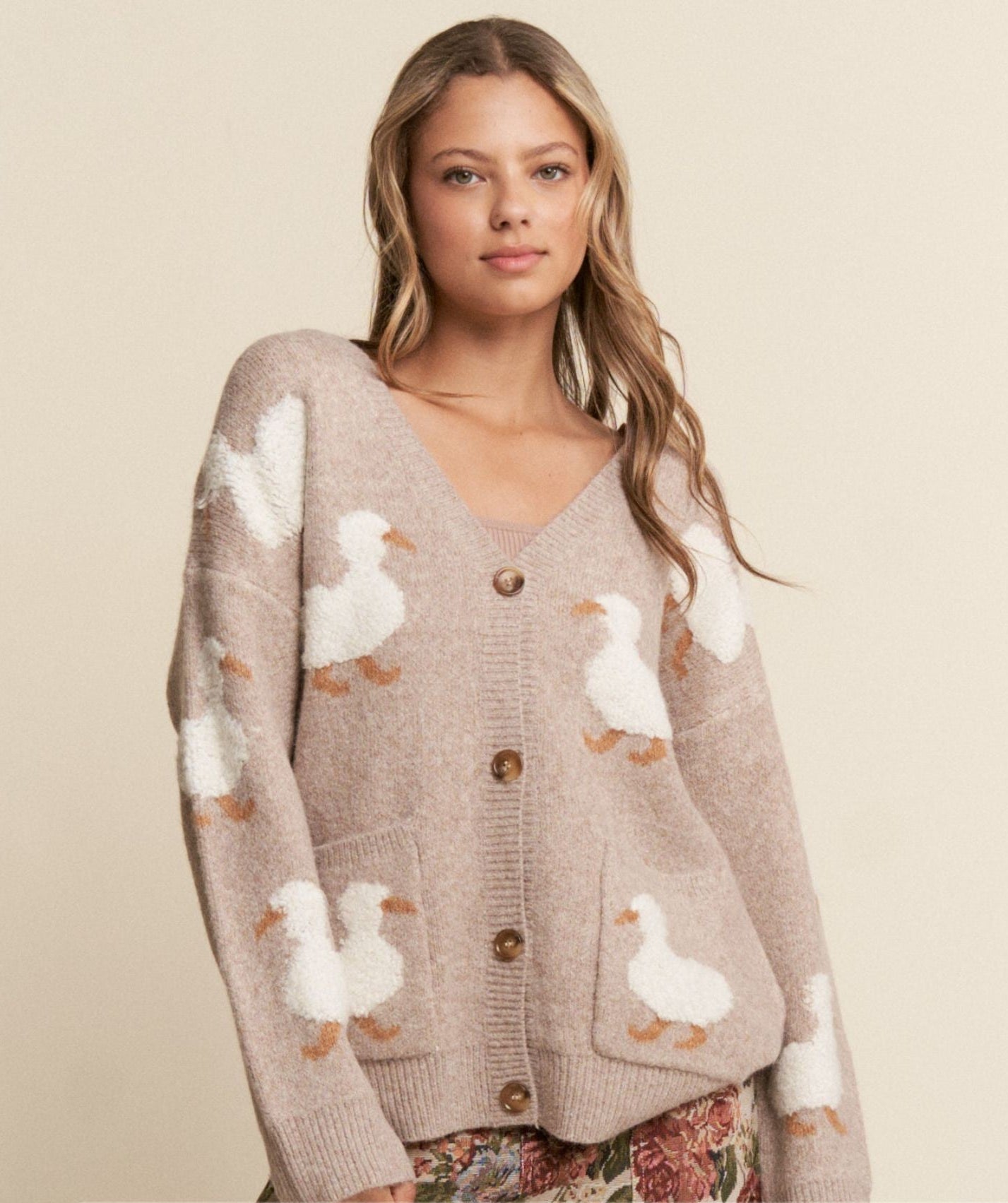 Goose Print Button Up Cardigan