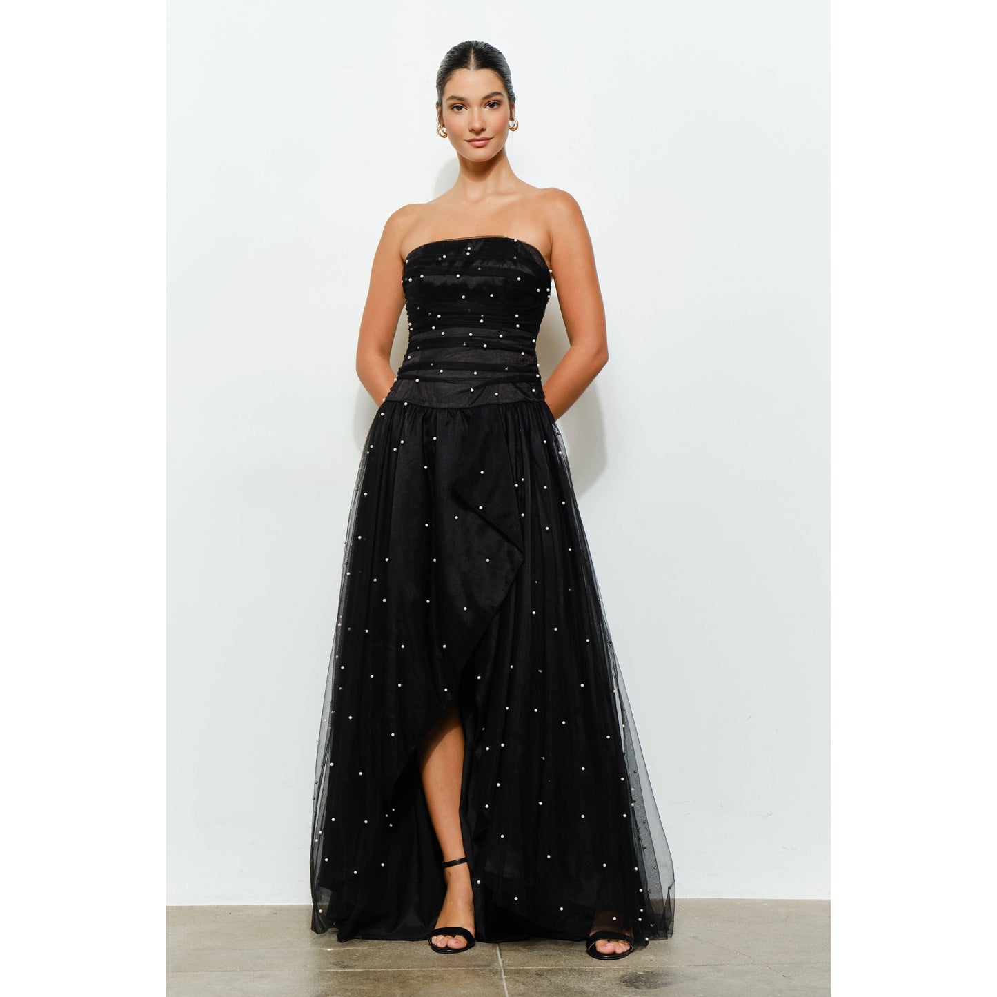 Pearl-Embellished Layered Tulle Maxi Dress