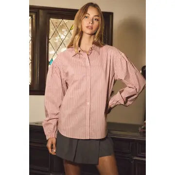 Blush Mauve Button Down Stripe Shirt with Puff Sleeve