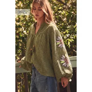Crinkled Peasant Top With Embroidery in Olive