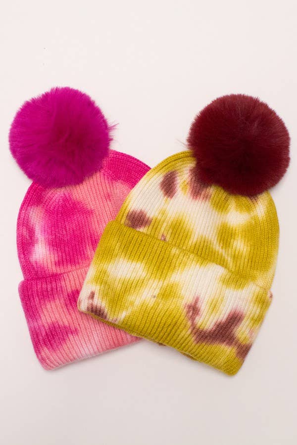 Tie Dye Knitted Fur Pom Beanie