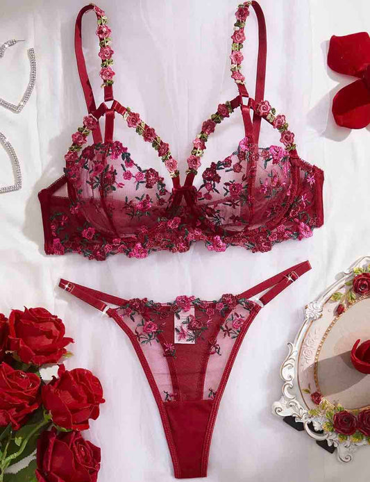 Ladies Floral Embroidered Wine Colored Bra