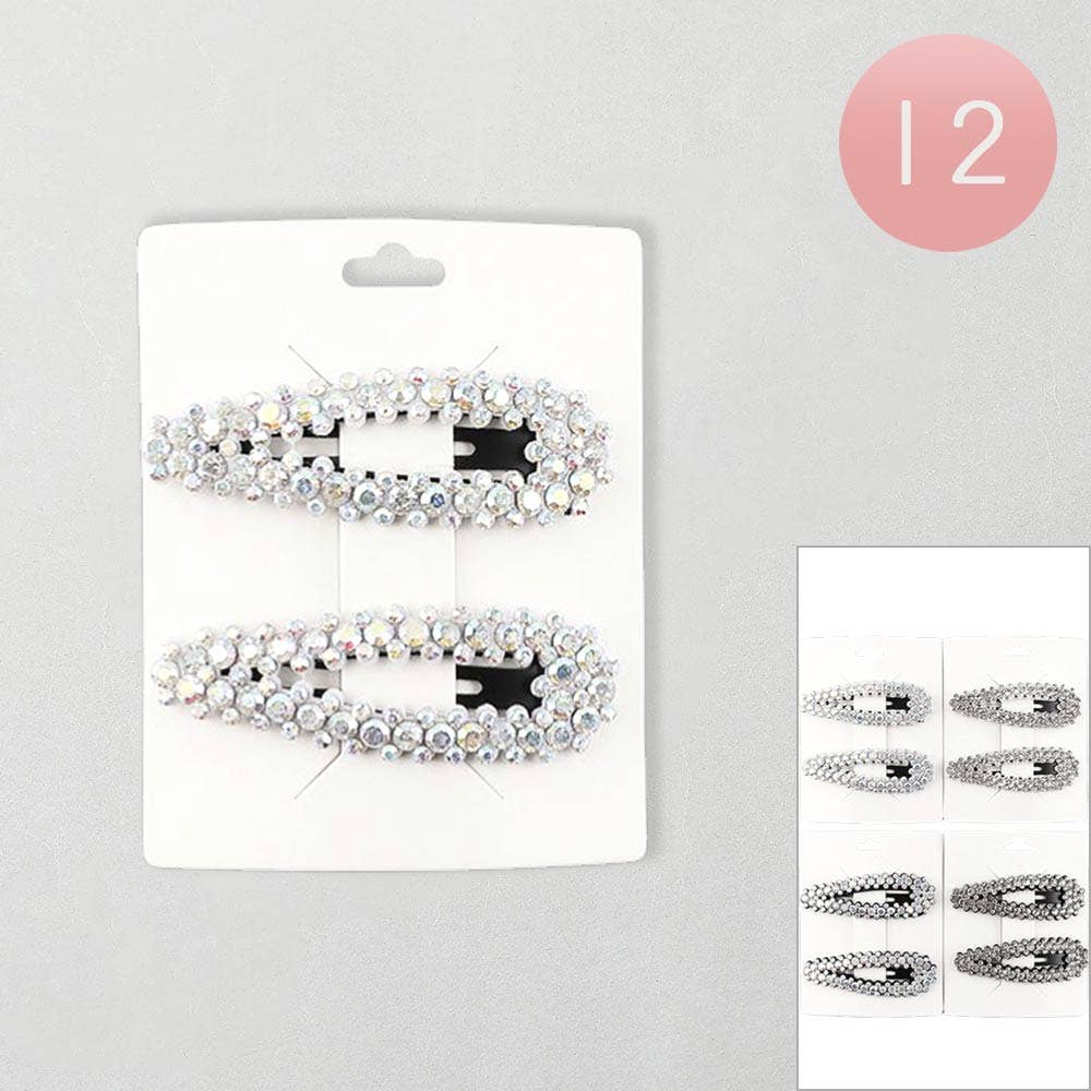 12 SET OF 2 - Rhinestone Embellished Snap Hair Clip Set