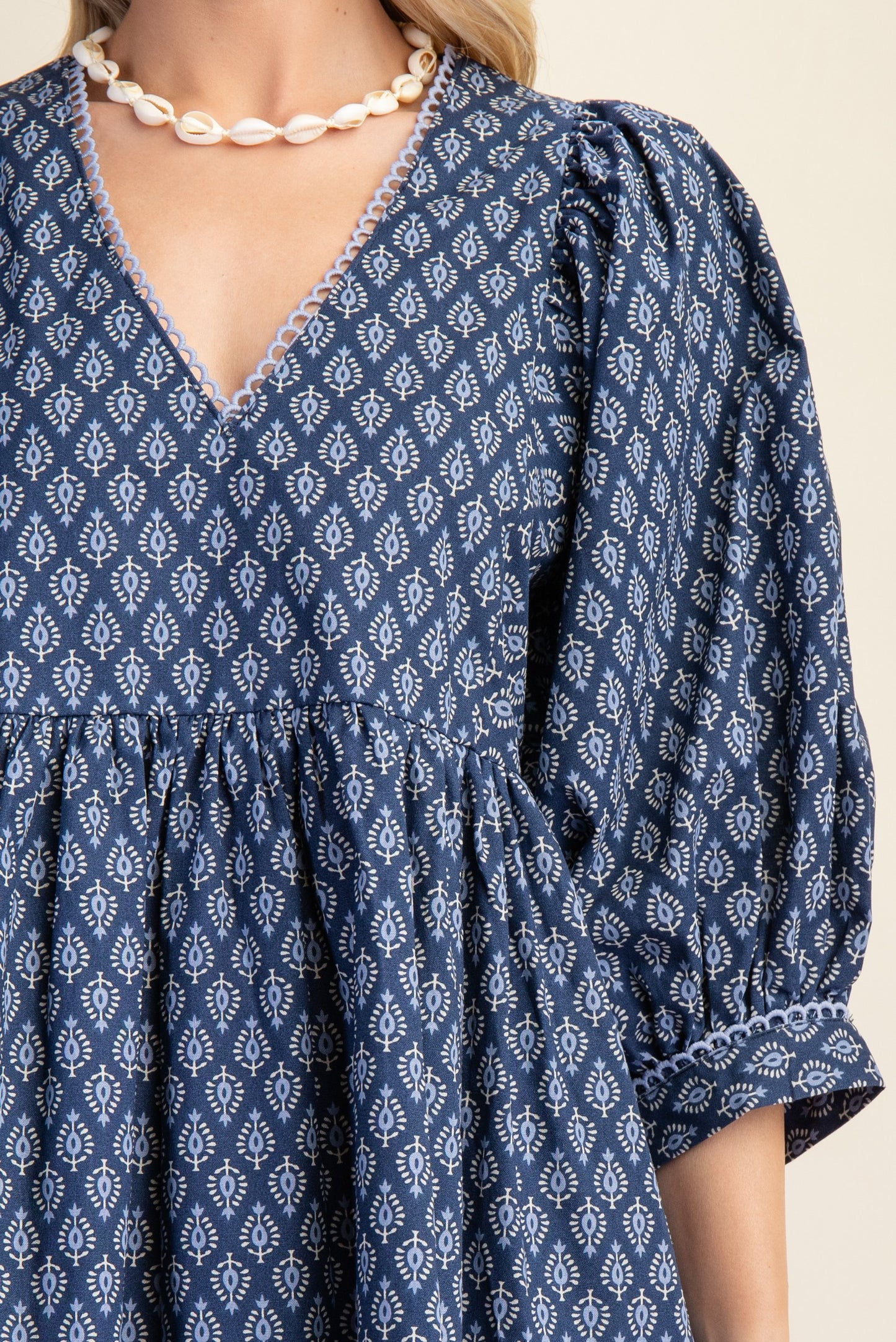 Blue Mini Babydoll Dress with Puff Sleeves