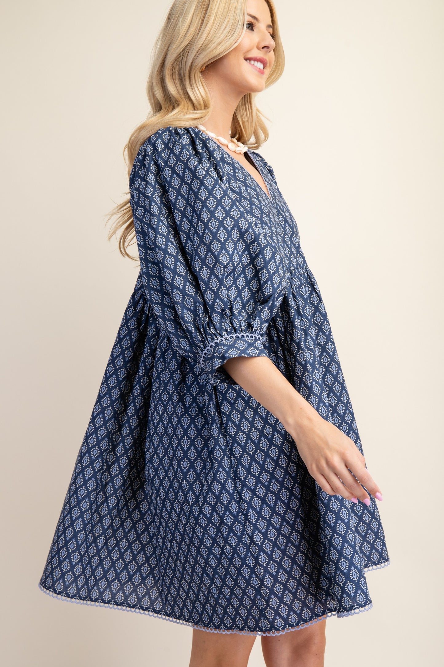 Blue Mini Babydoll Dress with Puff Sleeves