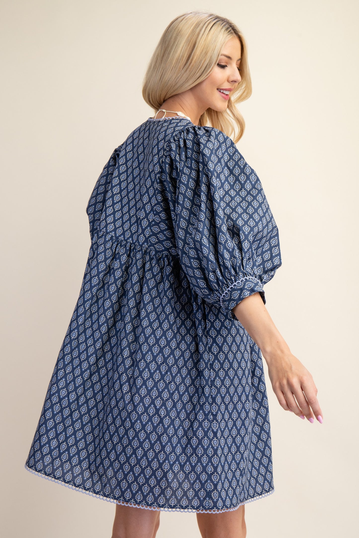 Blue Mini Babydoll Dress with Puff Sleeves