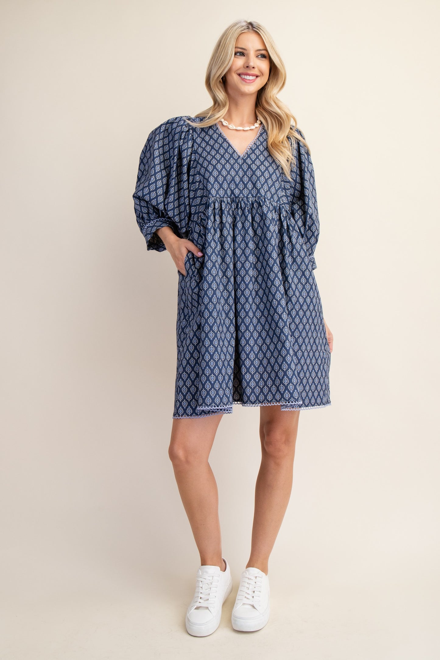 Blue Mini Babydoll Dress with Puff Sleeves