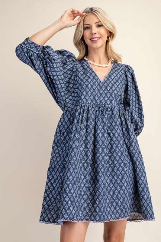 Blue Mini Babydoll Dress with Puff Sleeves