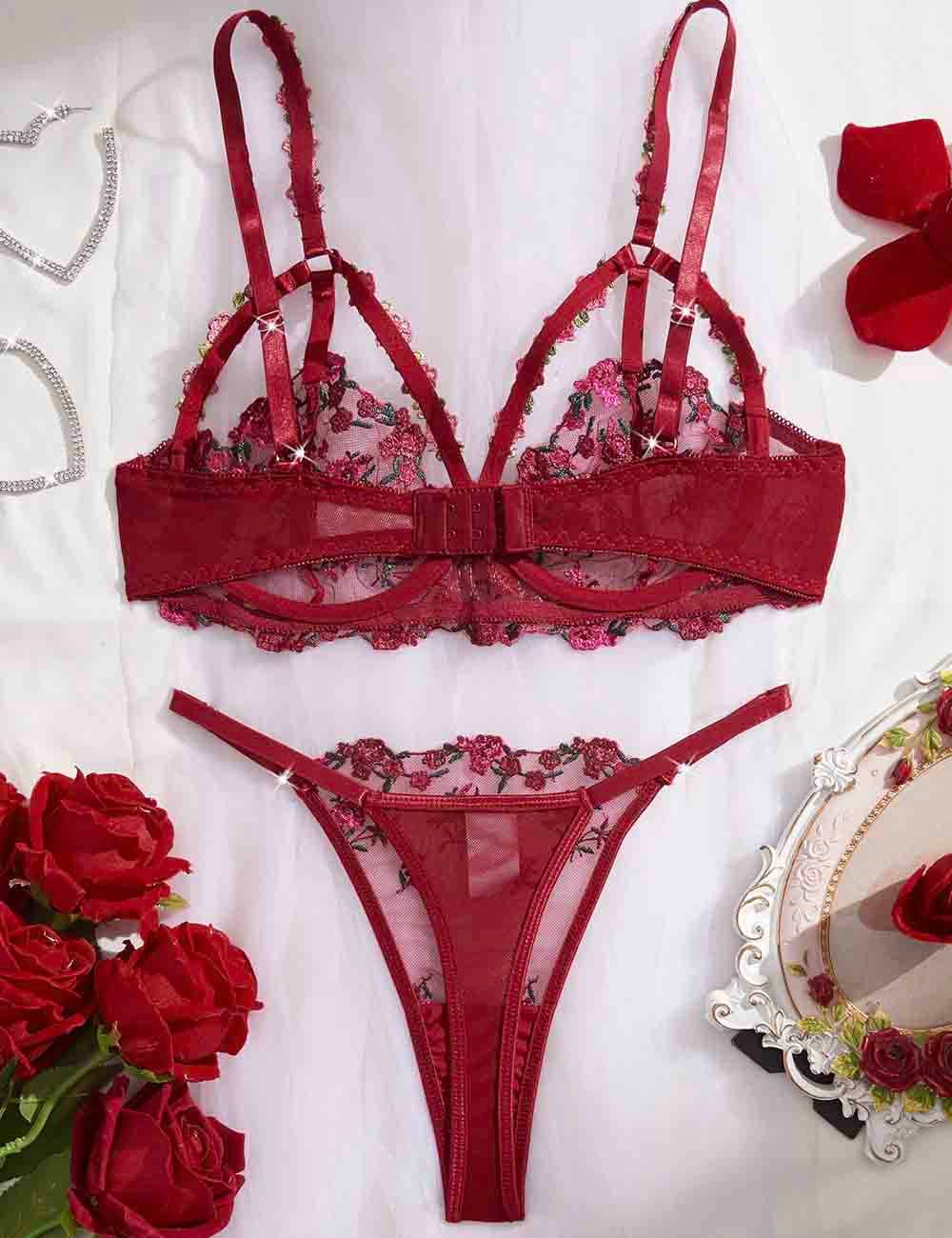 Ladies Floral Embroidered Wine Colored Bra