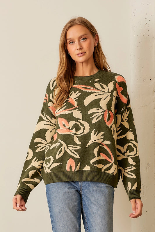 Olive Floral Printed Sweater