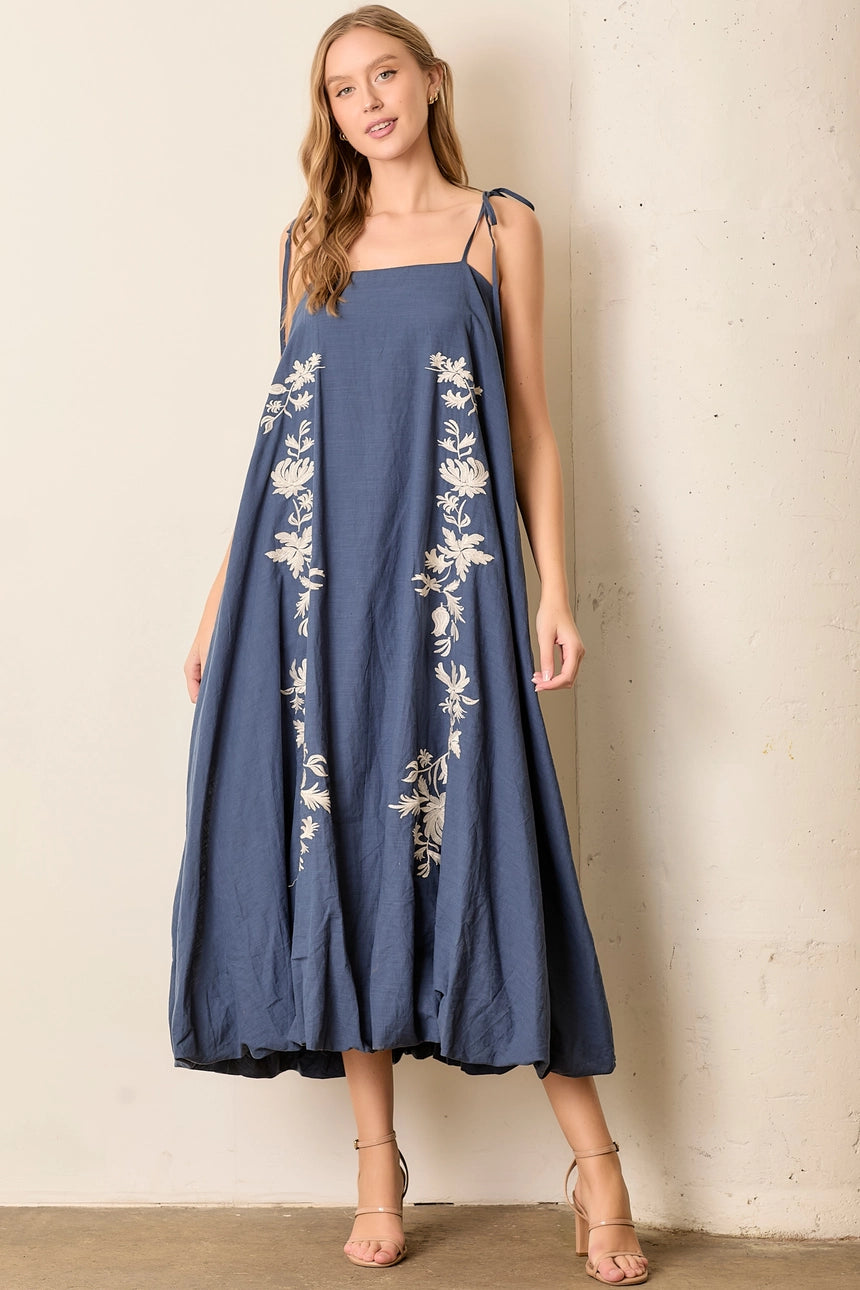 Embroidered Tie Strap Bubble Maxi Dress