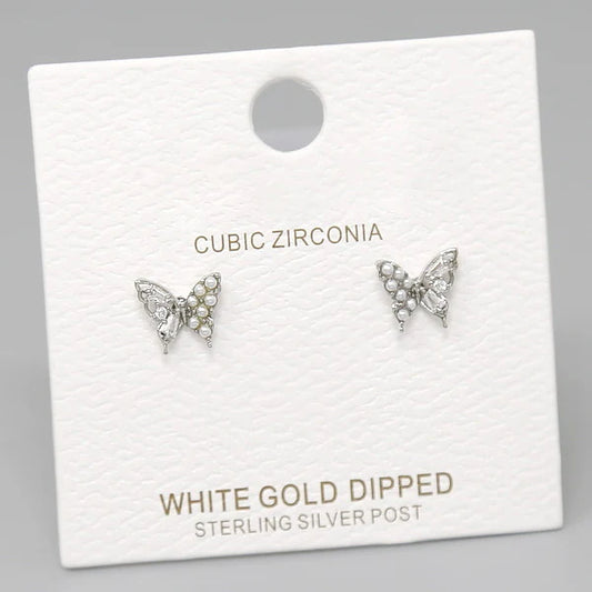 Butterfly Pearl & CZ Embellished Stud Earrings