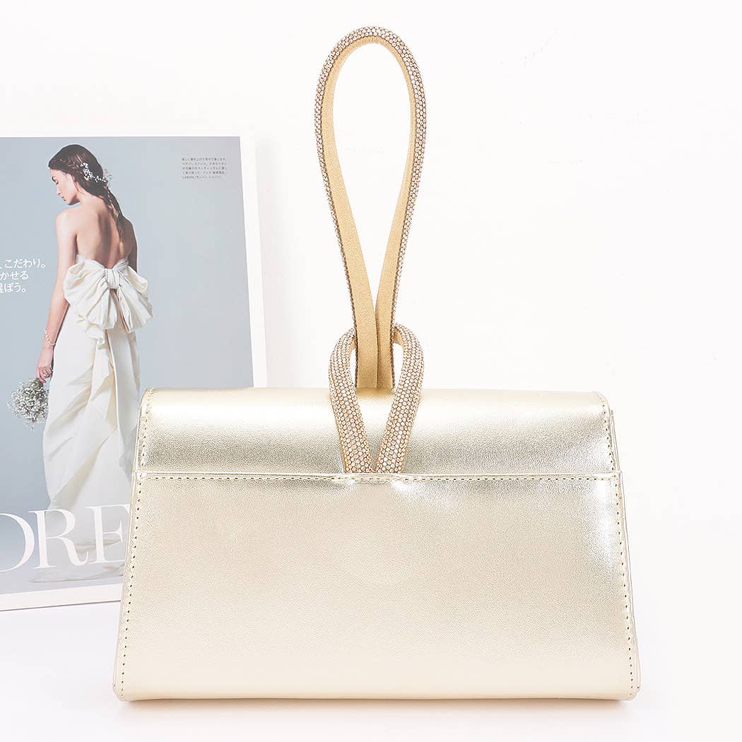 Metallic Faux Leather Rhinestone Handle Clutch