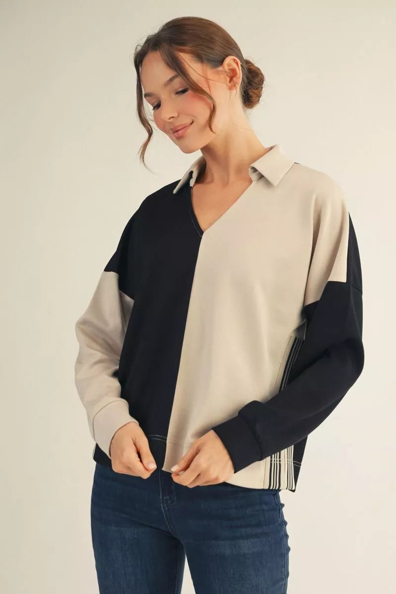 Collared Drop Shoulder Colorblock Top