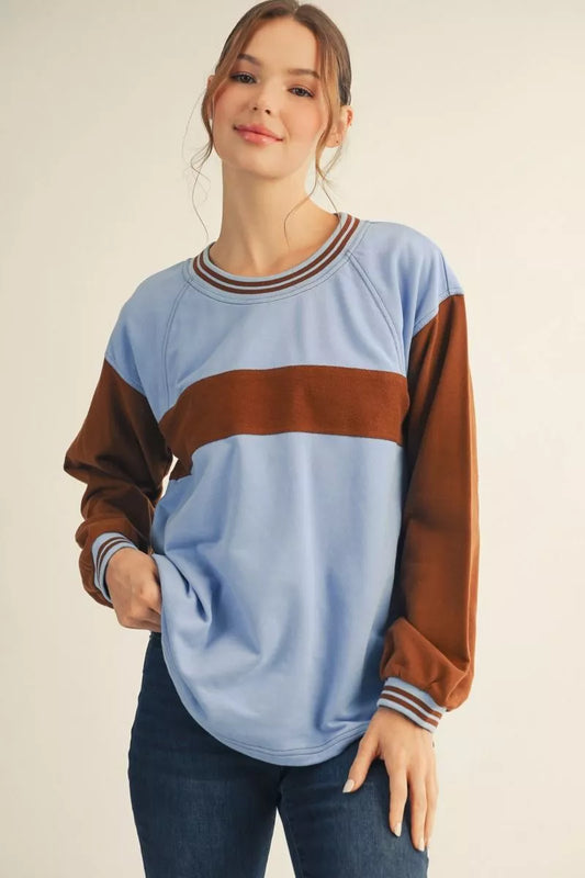 Drop Shoulder Color Block Long Sleeve Top