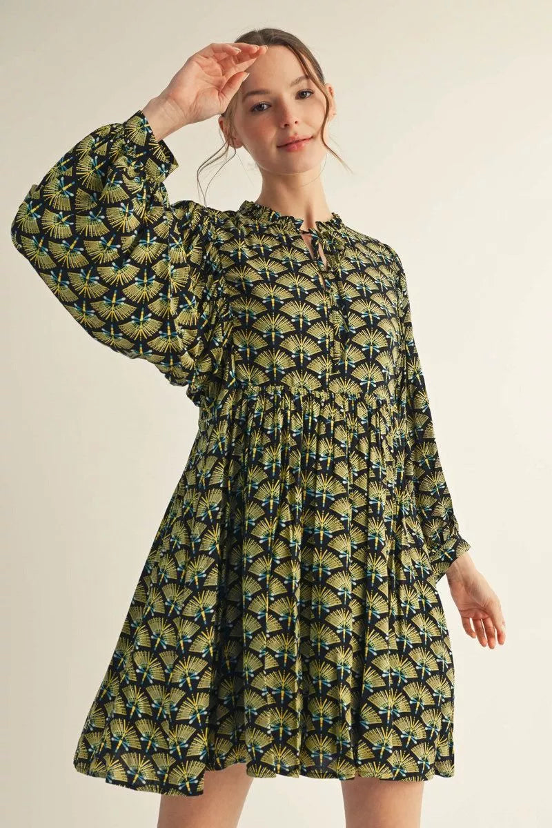 Long Sleeve Boho Floral Mini Dress