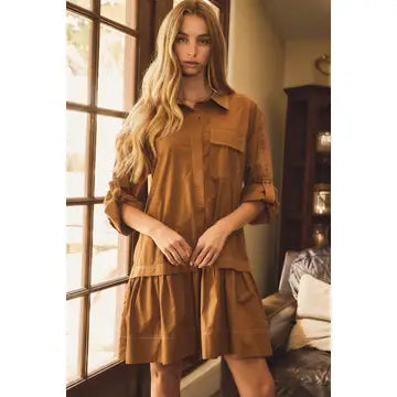 Relaxed Woven Shirt Dress in Mocha