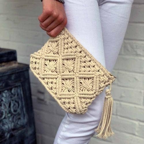 Cream Macrame Clutch with Tassel