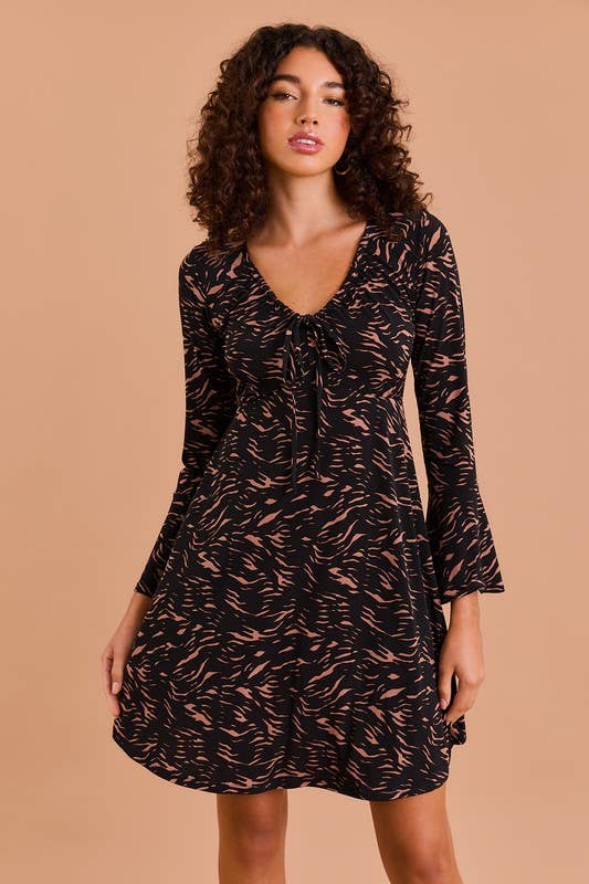 Bell Cuff Sleeve Ruching Neck Abstract Print Dress