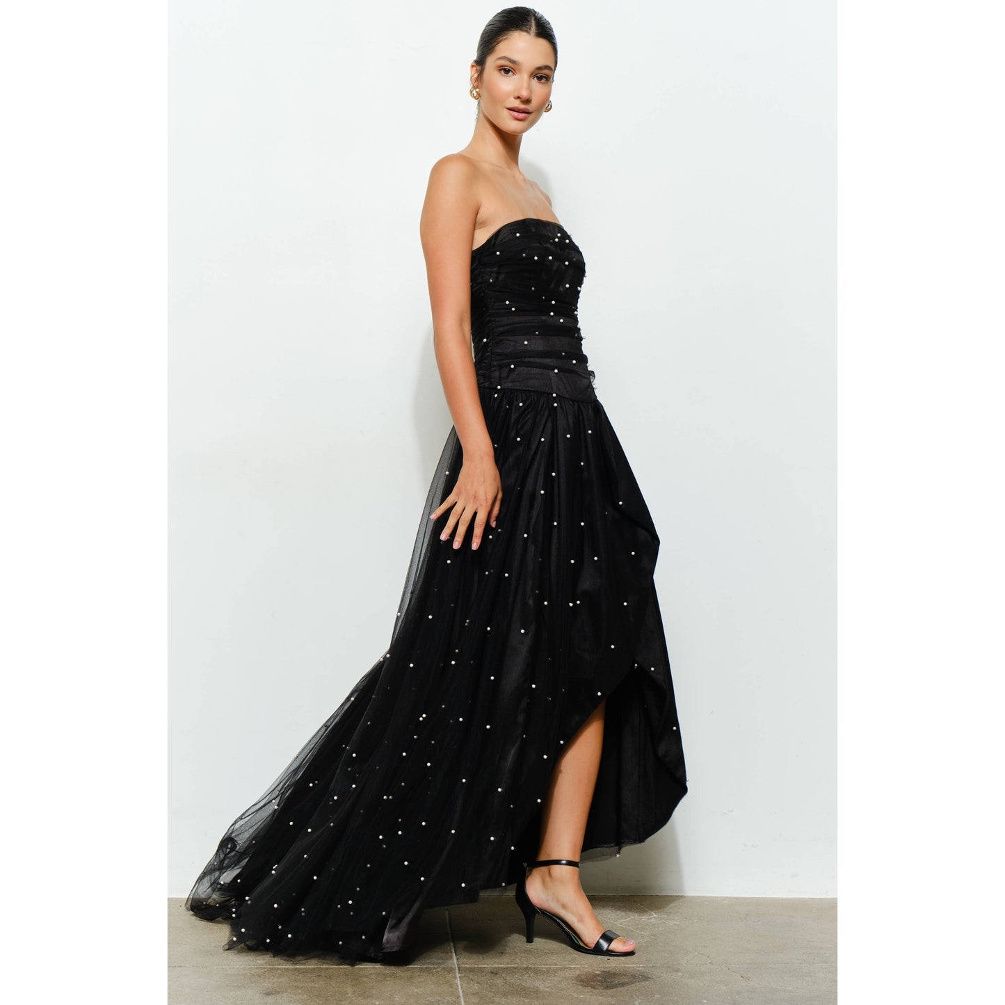 Pearl-Embellished Layered Tulle Maxi Dress