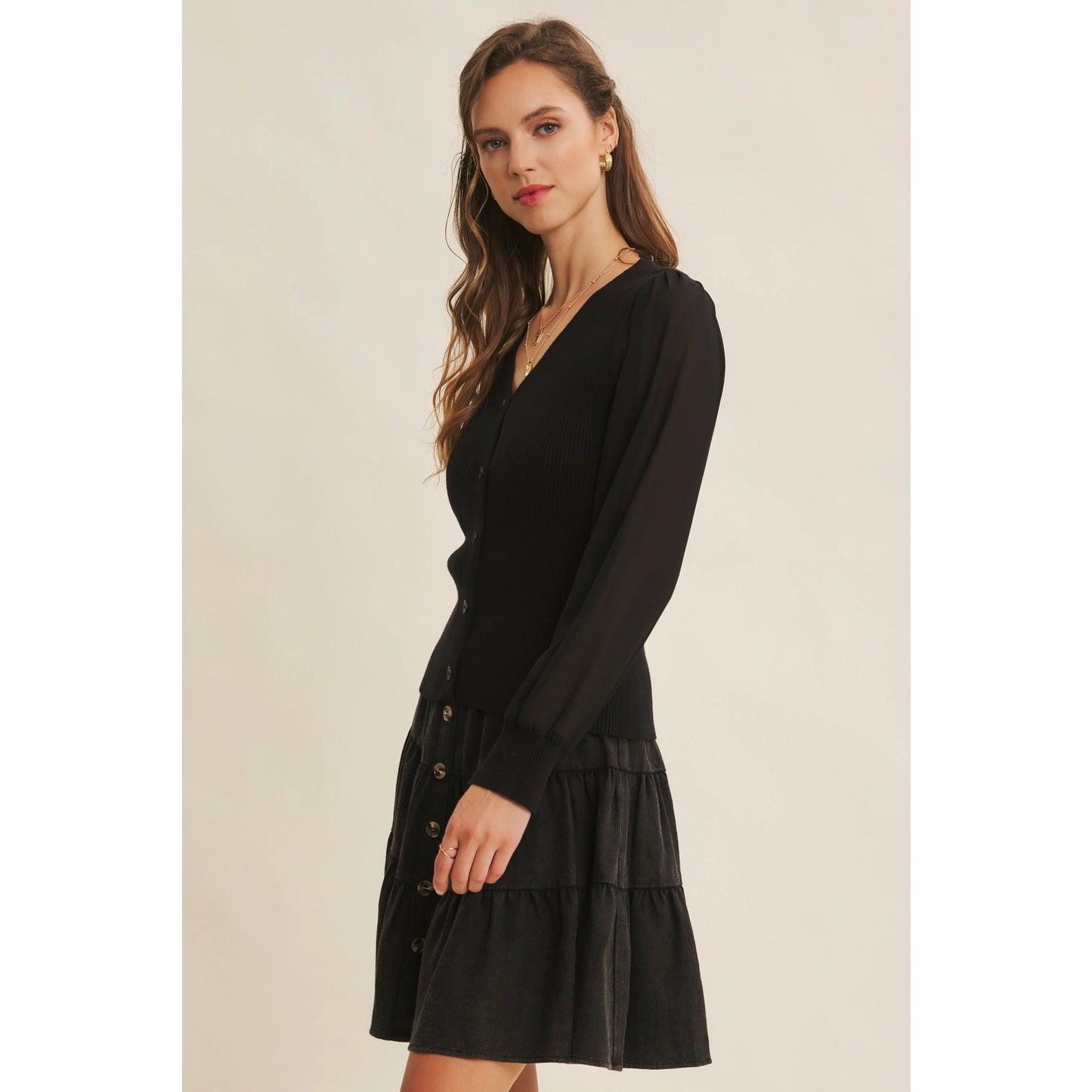 Ribbed Sweater Cardigan with Chiffon Sleeves