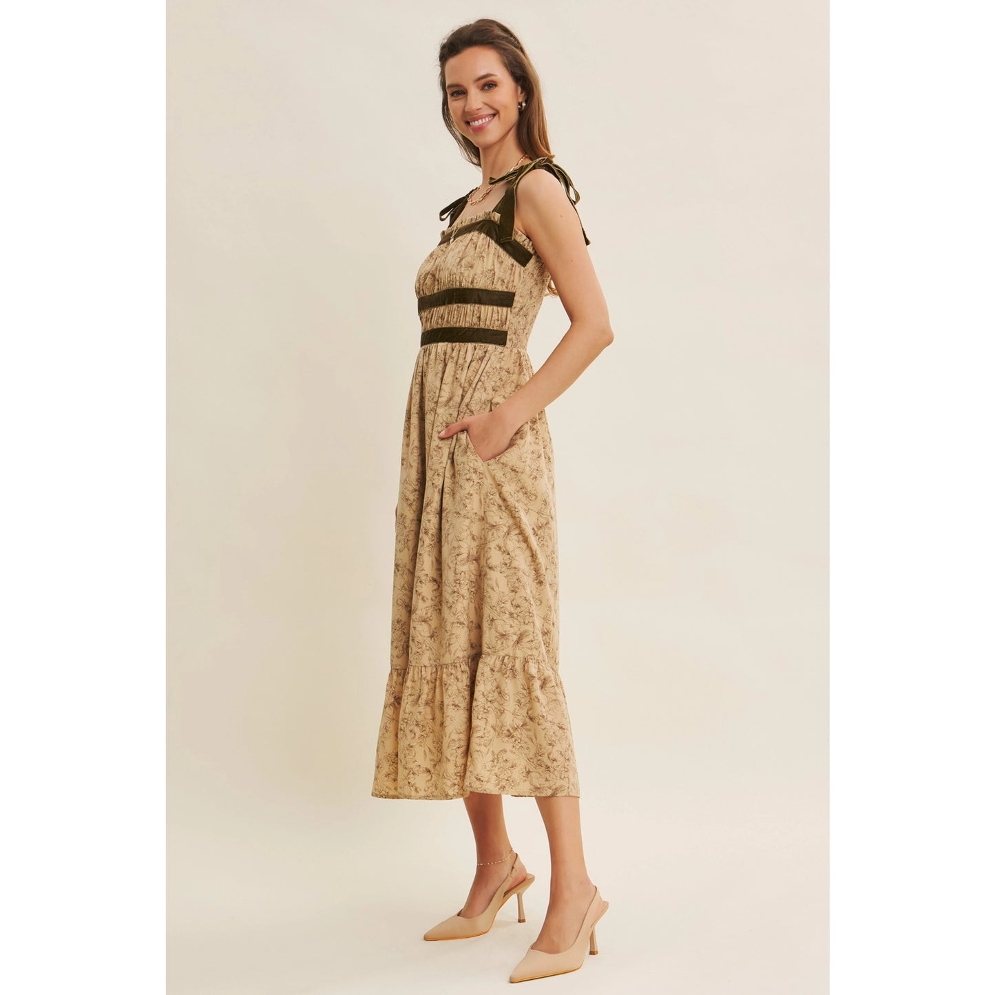 Floral Midi Dress with Velvet Shoulder Ties