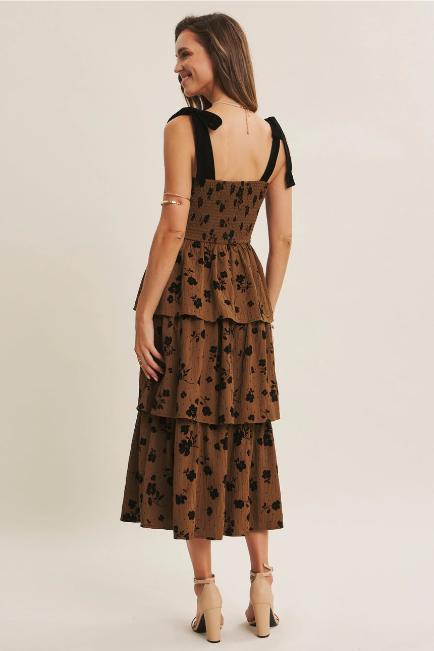 Brown and Black Floral Tiered Midi Dress