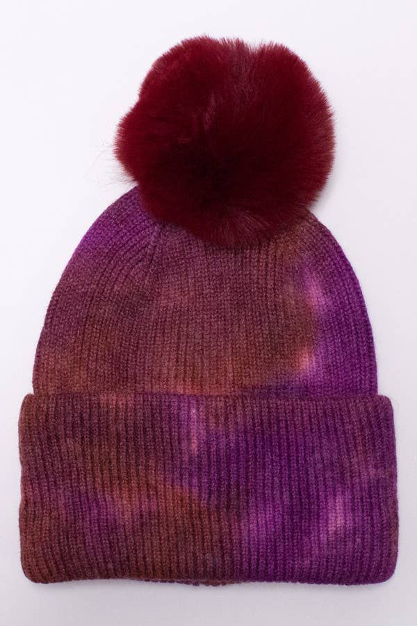 Tie Dye Knitted Fur Pom Beanie