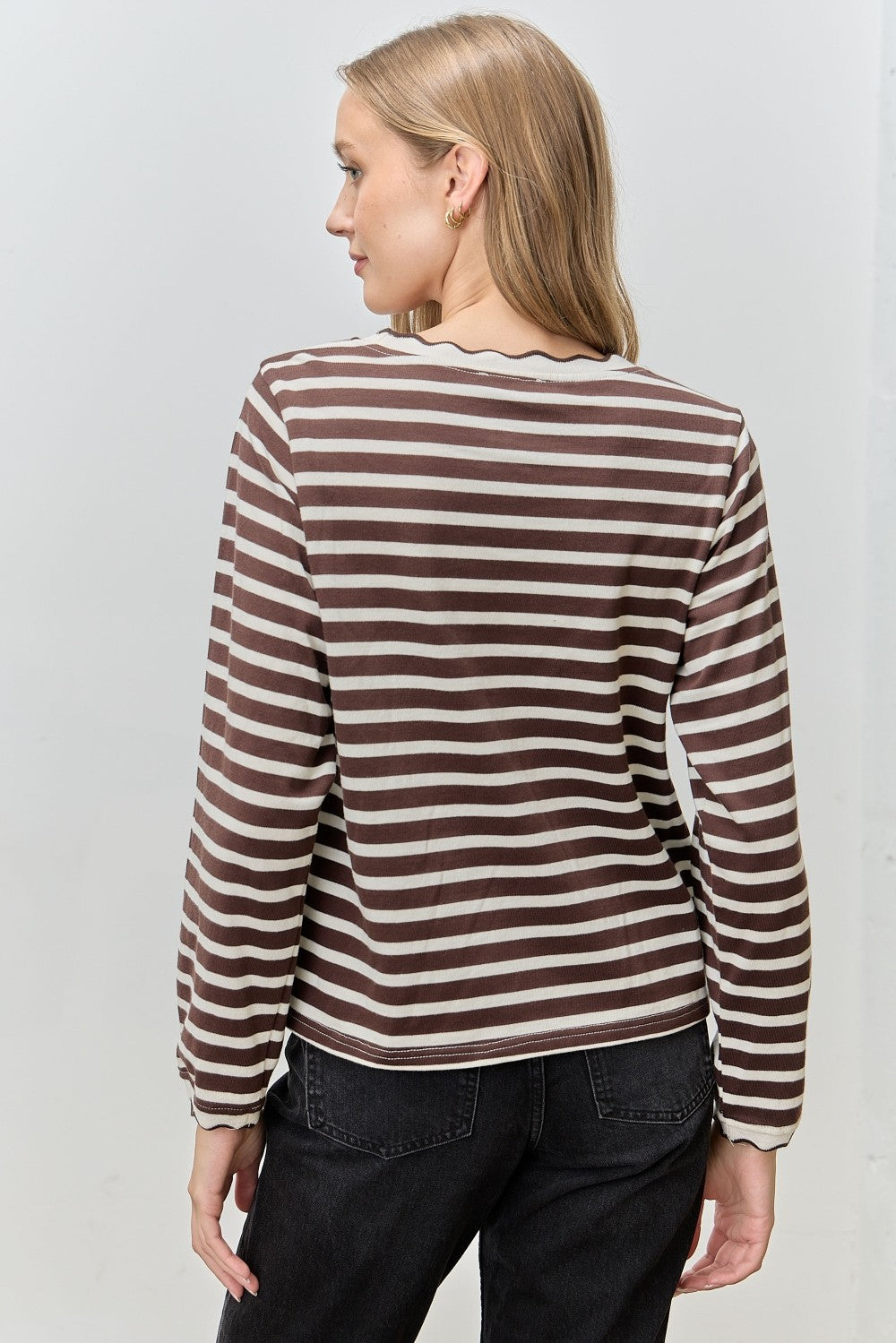 Stripe Long Sleeve Top with Scallop Neckline