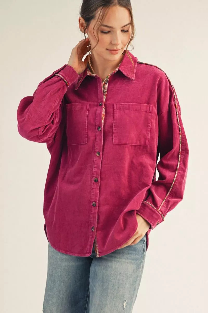 Drop Shoulder Corduroy Long Sleeve Top