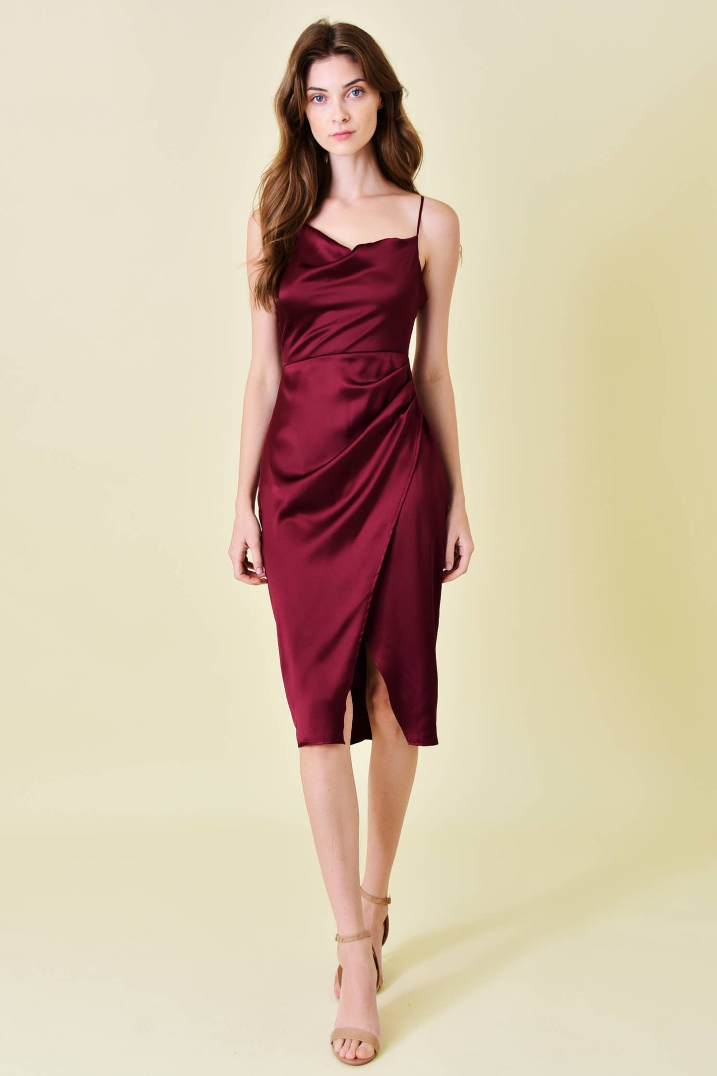 SATIN COWL NECKLINE WRAP MIDI DRESS