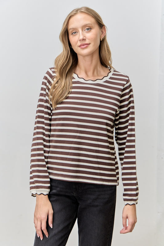 Stripe Long Sleeve Top with Scallop Neckline