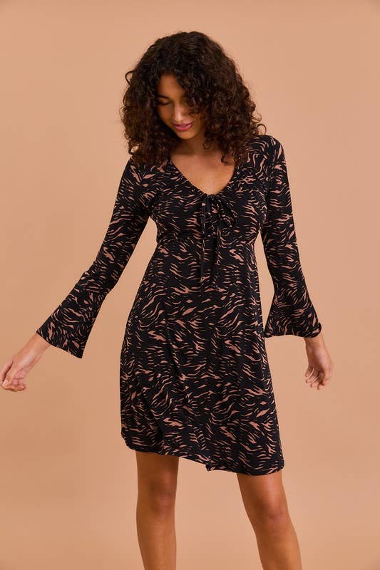 Bell Cuff Sleeve Ruching Neck Abstract Print Dress