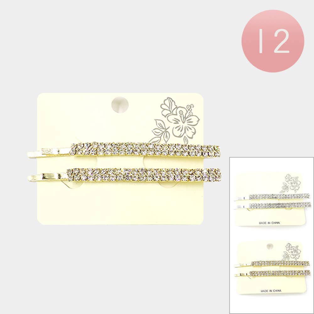 12 Set of 2 - Rhinestone Pave Rectangle Bobby Pins