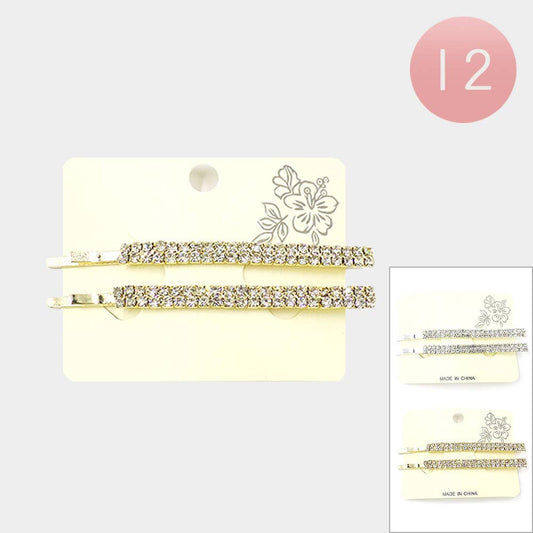 12 Set of 2 - Rhinestone Pave Rectangle Bobby Pins