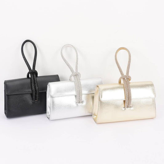 Metallic Faux Leather Rhinestone Handle Clutch