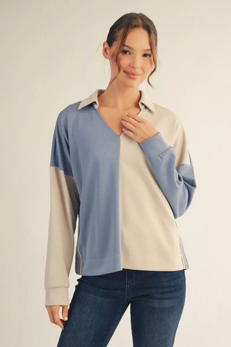 Collared Drop Shoulder Colorblock Top