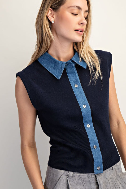 Collared Denim Muscle Sweater Vest