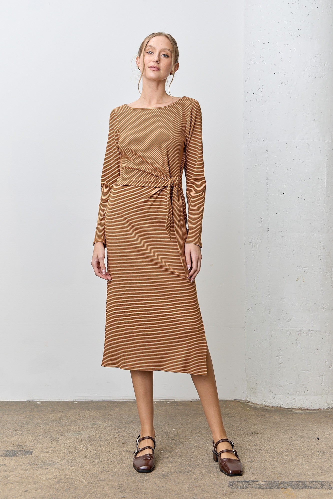 Stripe Round Neck LS Midi Dress
