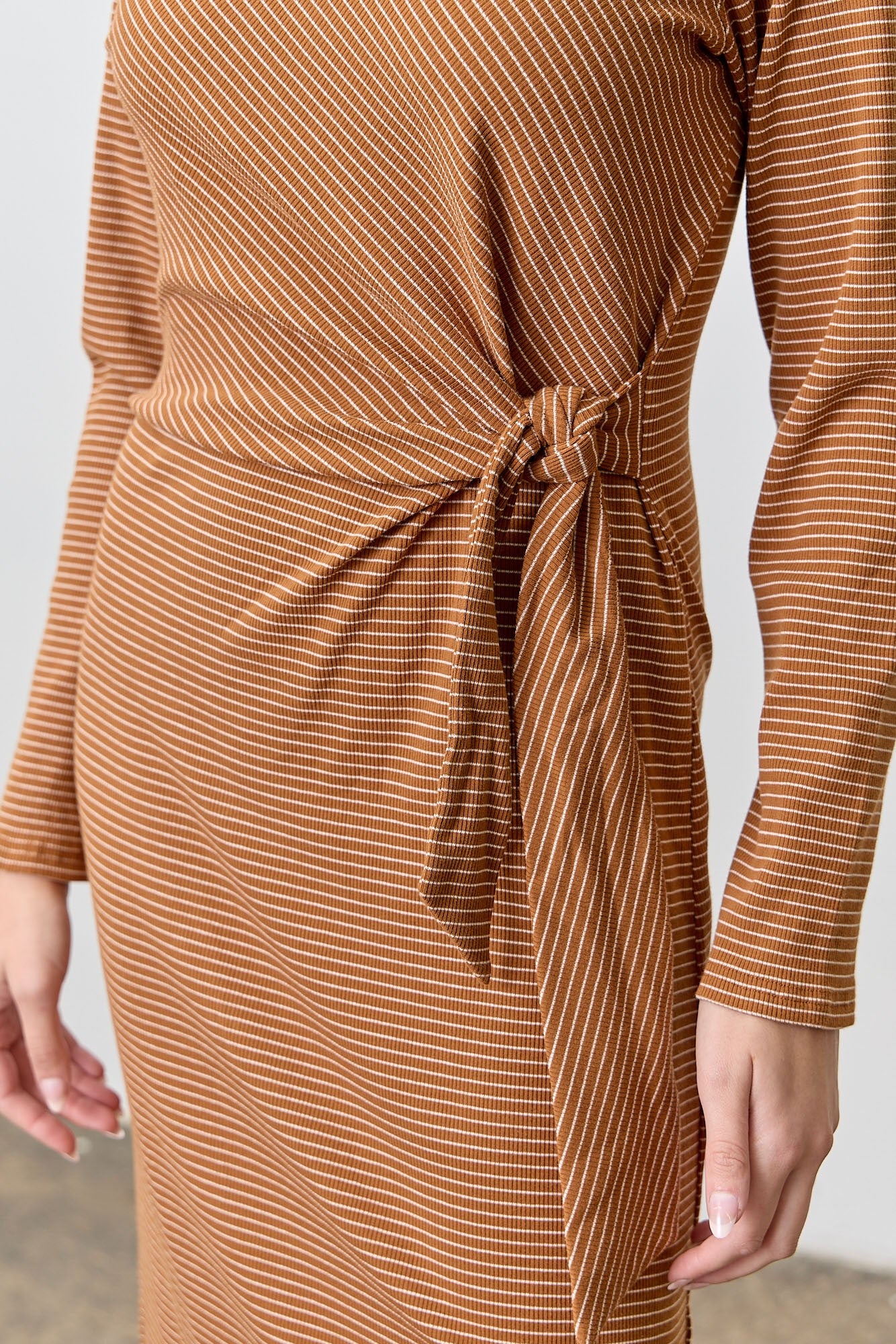 Stripe Round Neck LS Midi Dress