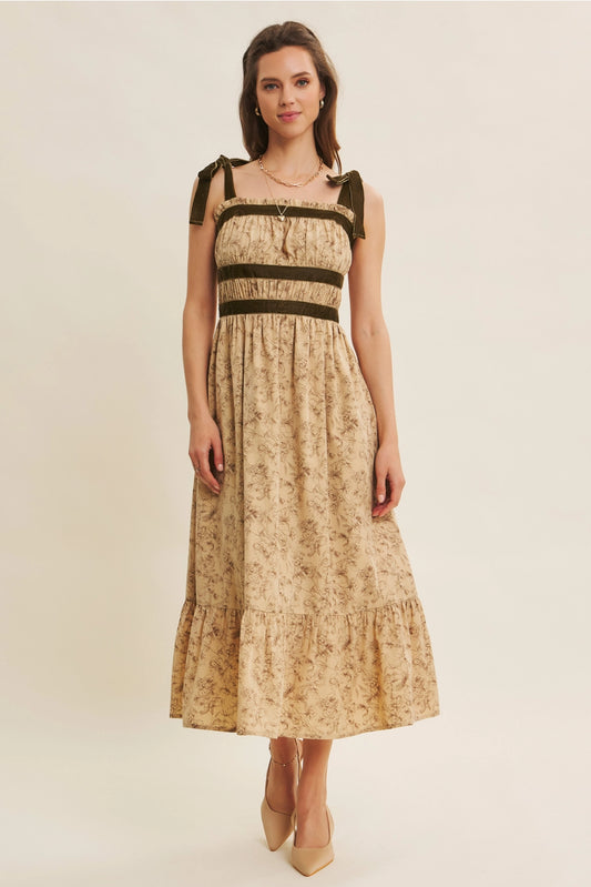 Floral Midi Dress with Velvet Shoulder Ties