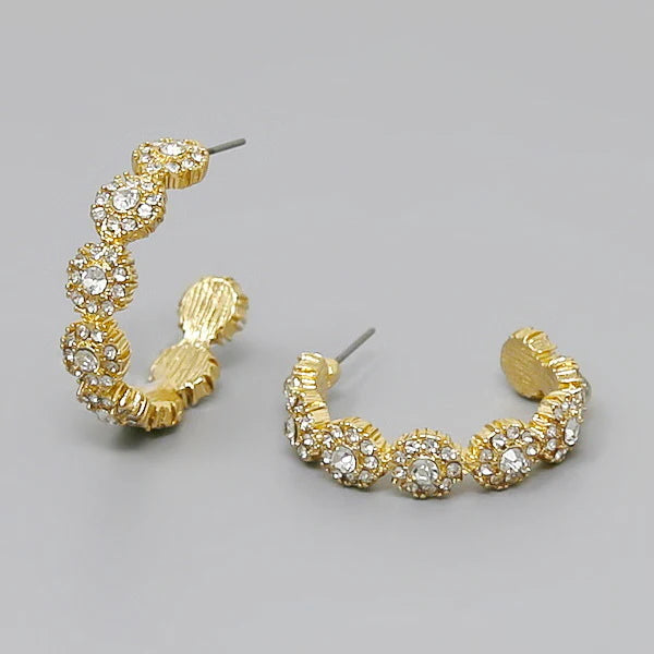 Flower Glass Stone Pave Hoop Earrings